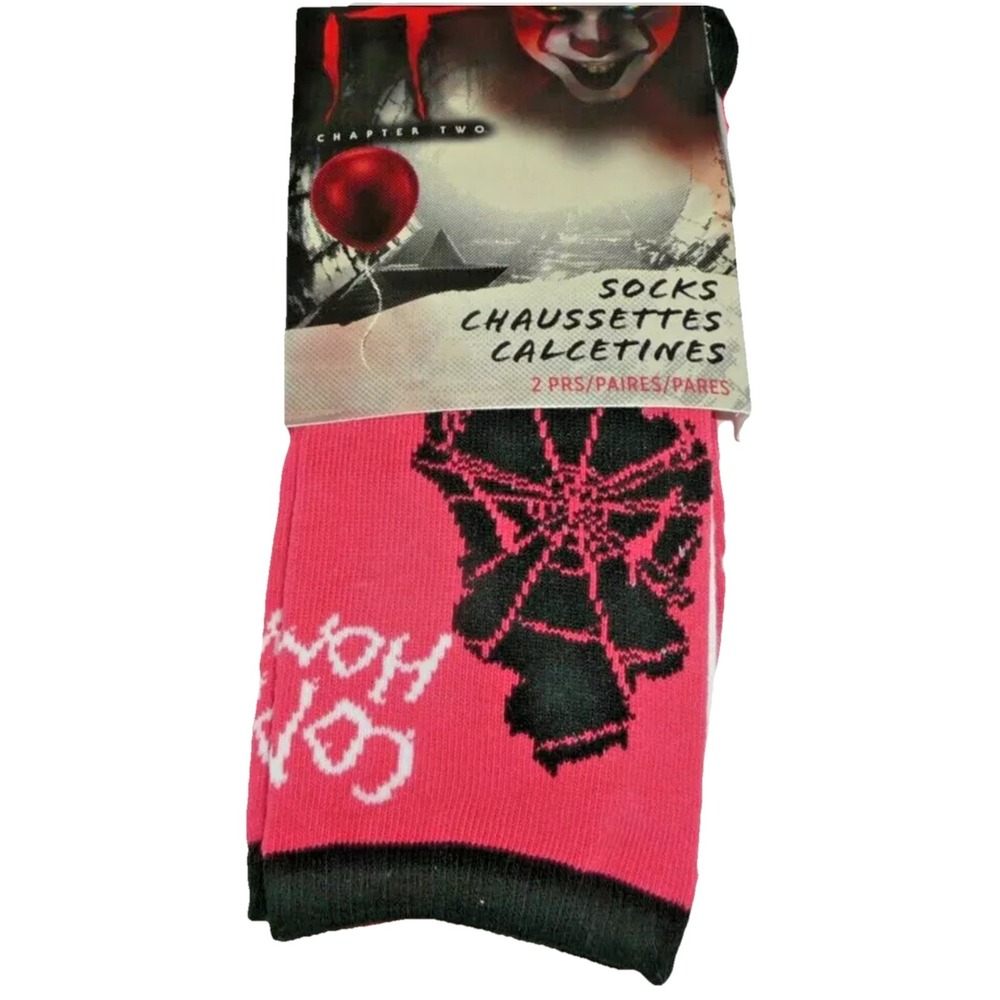 Modern Hero IT Chapter 2 Pennywise Clown Crew Socks 2 Pairs Pink Halloween NWT